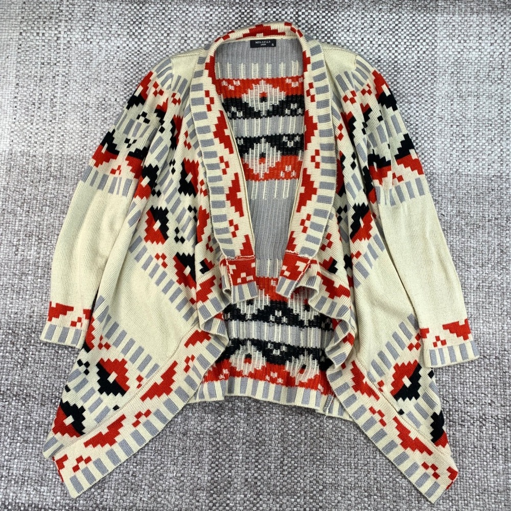 Miss Kelly 1999 Southwestern Geometric Open Front Waterfall Cardigan Sweater S